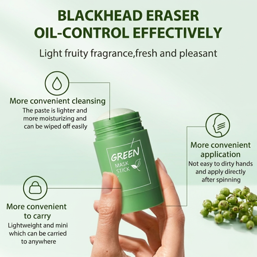 Green Tea Cleansing Mask Stick – Deep Cleansing, Oil Control, Acne & Blackhead Remover – Natural Green Tea Extract – Rotating Head Design, Easy to Carry – For Smooth & Glowing Skin
