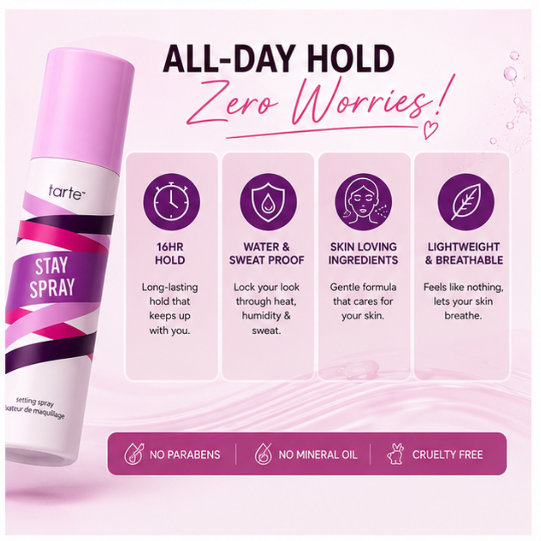 Tarte Stay Spray Setting Spray – Lock Your Look, All Day Long – Up to 16HR Hold – Smudge & Sweat Proof – Transfer Resistant – Lightweight & Refreshing – Natural Finish