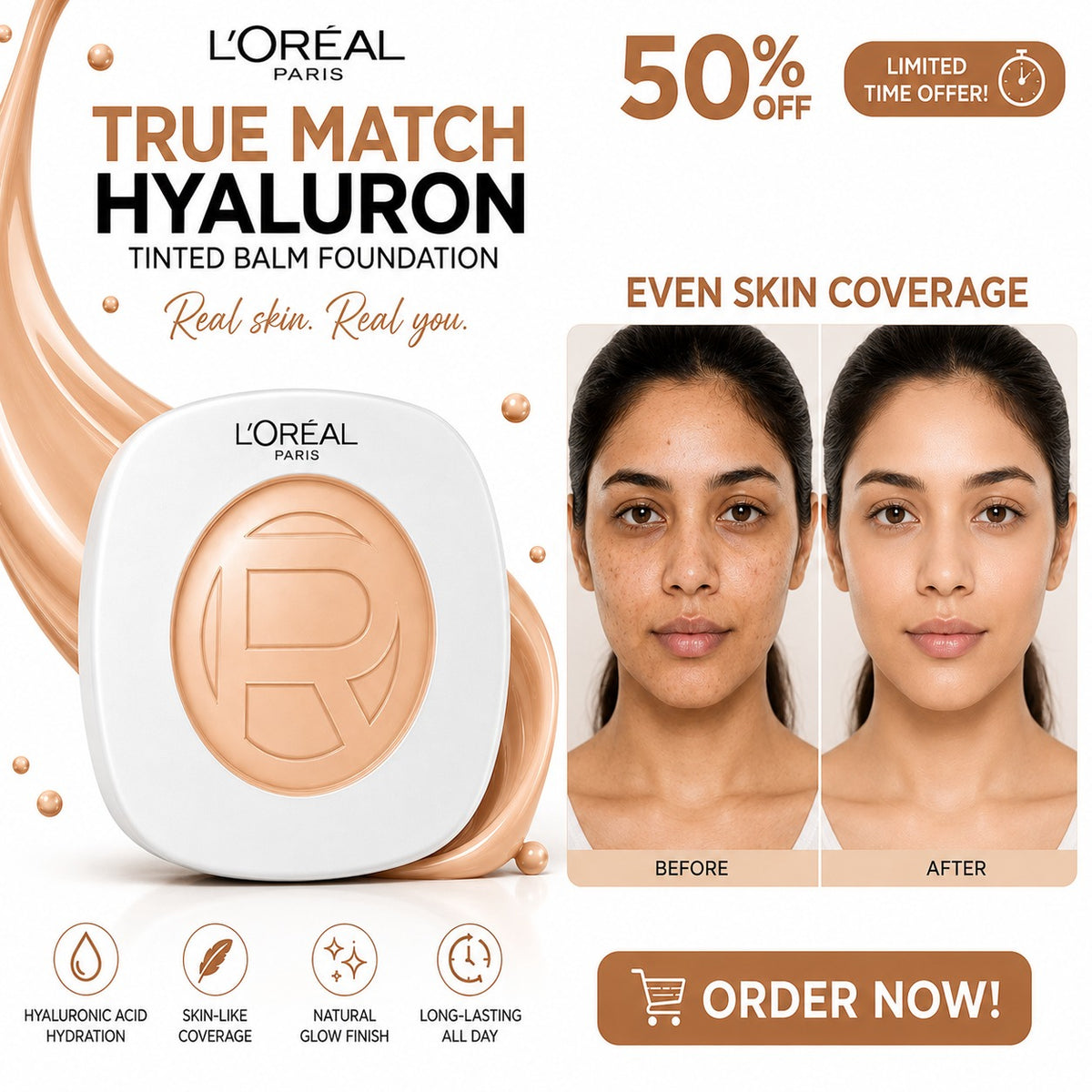 L'Oréal Paris True Match Hyaluron Tinted Balm Foundation – Skin-Like Coverage, Natural Glow – Hydration That Lasts – Lightweight, Hydrating, Evens Tone Naturally