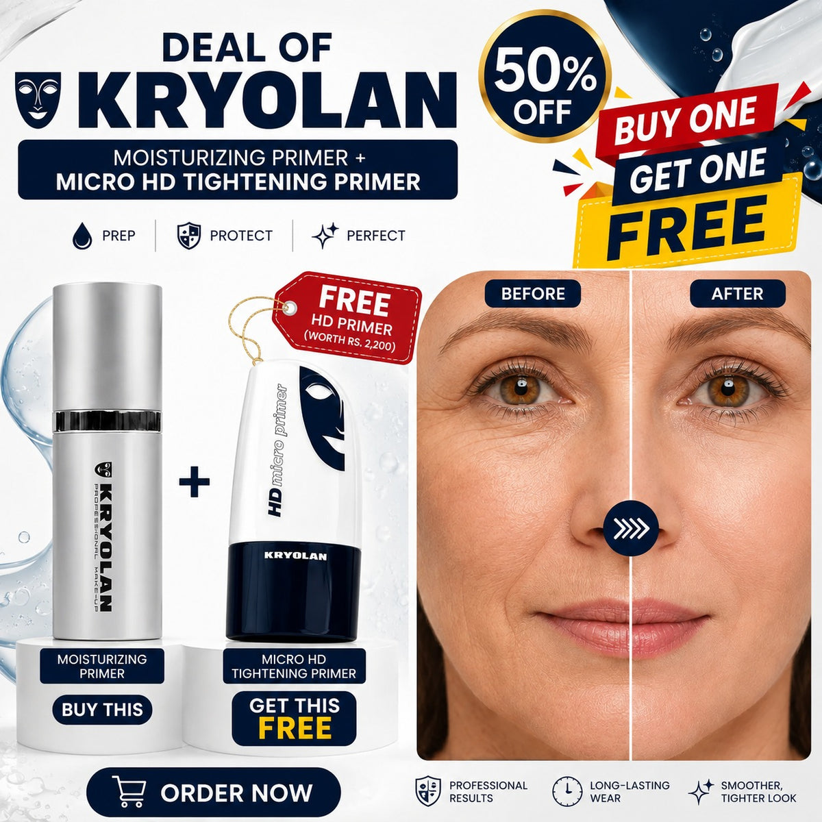 Kryolan Moisturizing Primer + HD Micro Tightening Primer Duo (Buy 1 Get 1 FREE)  – Prep, Protect & Perfect – Micro HD Technology Blurs Pores & Fine Lines – Hydrates, Tightens & Locks Makeup