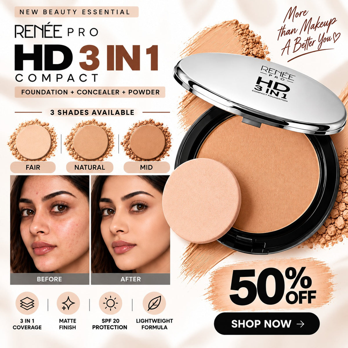 Renee Pro HD 3-in-1 Compact Foundation – Foundation + Concealer + Powder – Flawless Coverage, Natural Matte Finish – Lightweight, Buildable
