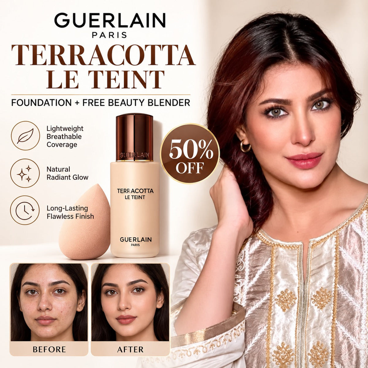 Guerlain Terracotta Le Teint Foundation + FREE Beauty Blender – Lightweight Breathable Coverage – Natural Radiant Glow